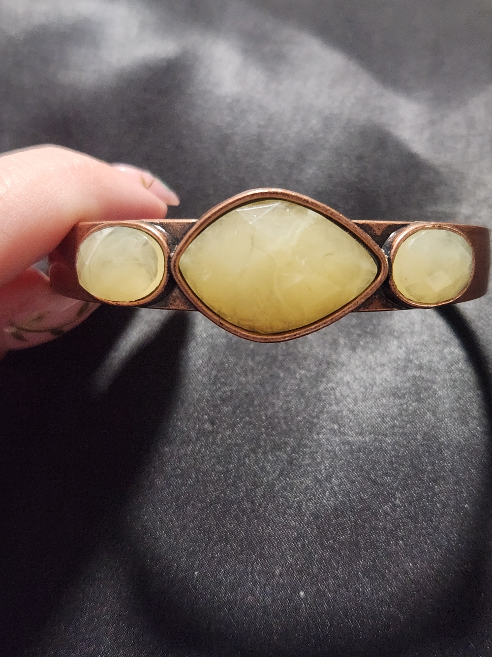 Vintage Boho Copper Tone Cuff Bracelet with Faux Yellow Jade Marquise